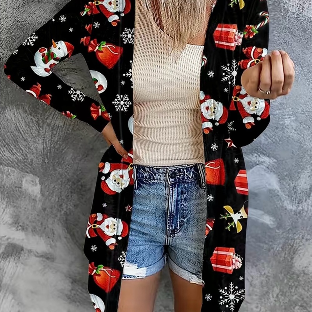 Plus Size Christmas Cardigan,Christmas Print Long Sleeve Open Front